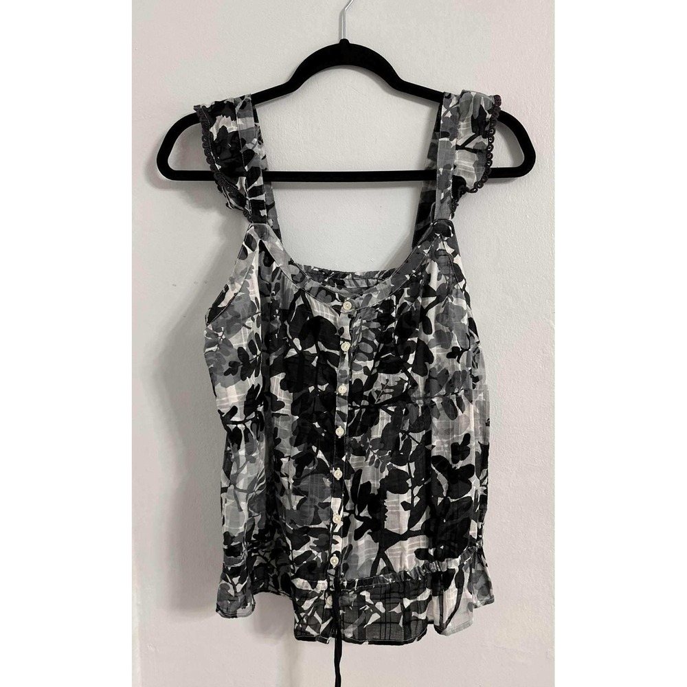 Lucky Brand Boho Cottagecore Floral Tank Top Black White‎ Womens L